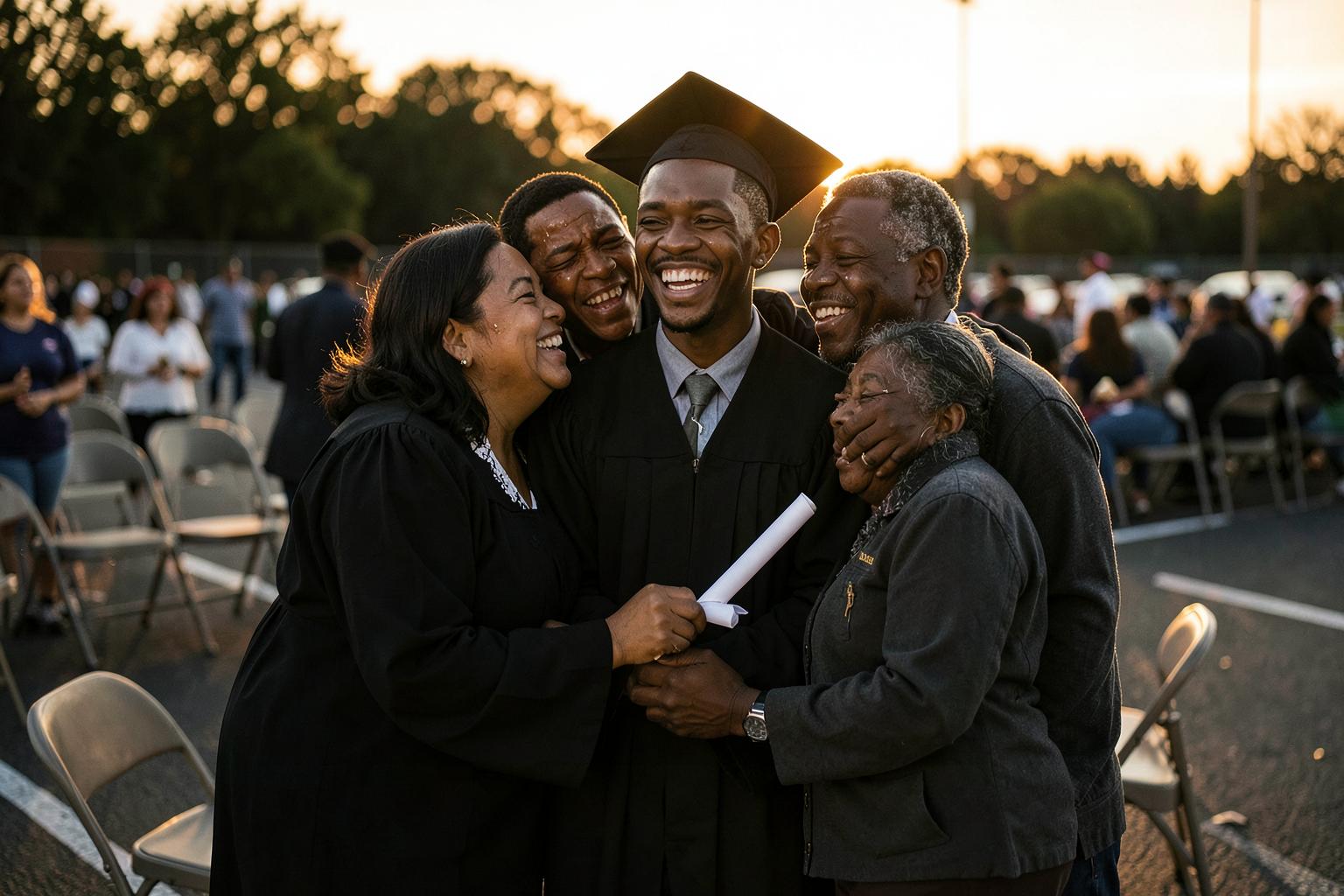 A graduate celebrating with family
