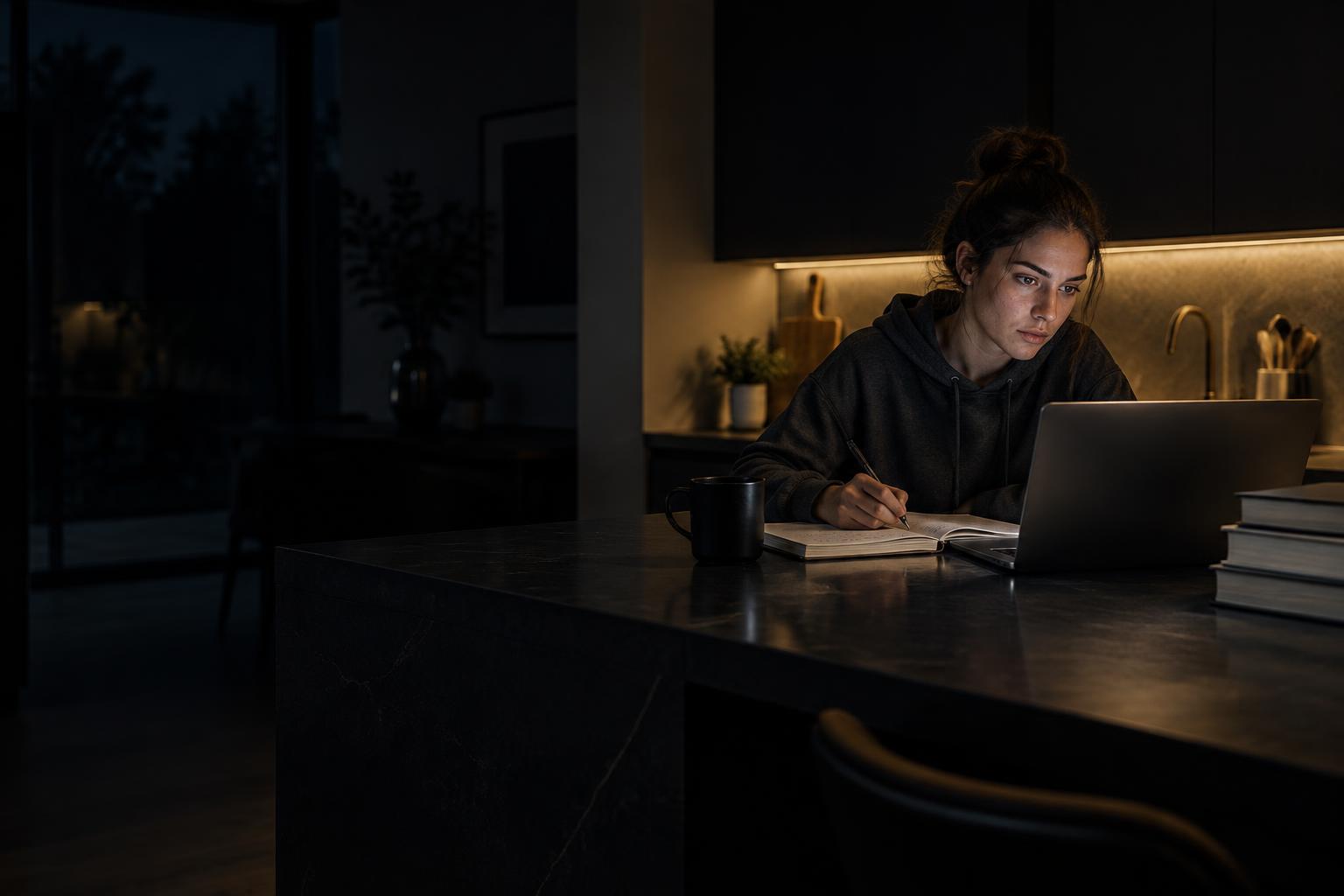 A student writing in a notebook under a desk lamp late at night