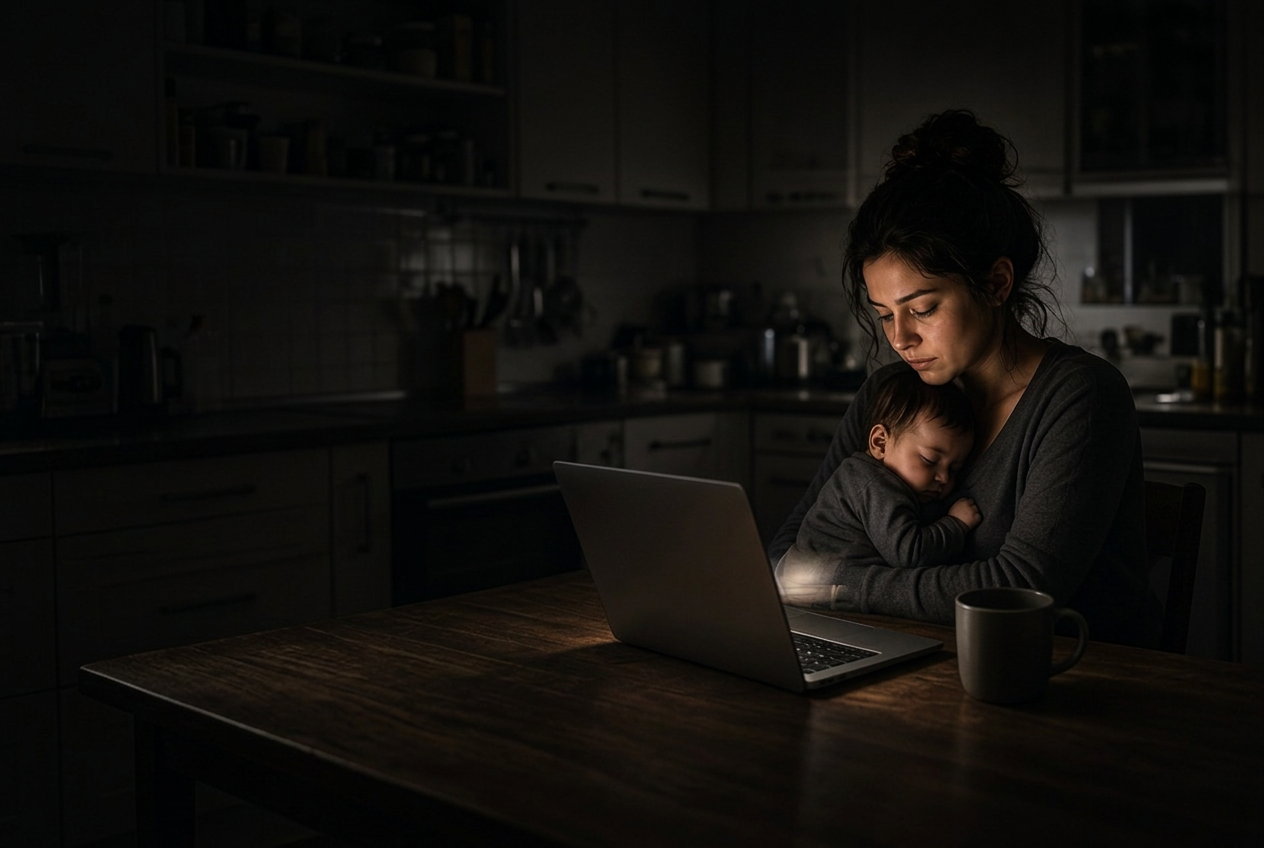 A woman writing in a notebook by lamplight at a kitchen table while her baby sleeps beside her