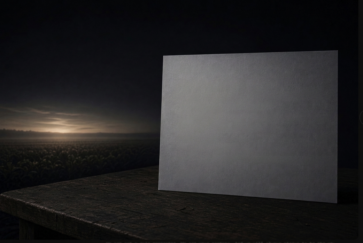 A gray letter card on a worn table overlooking a field before dawn