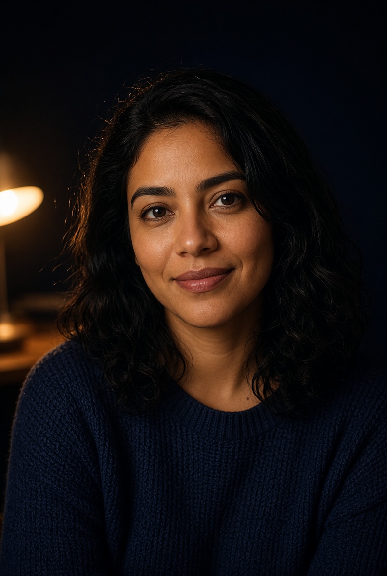 Portrait of Maya, an AI study partner, in warm low light