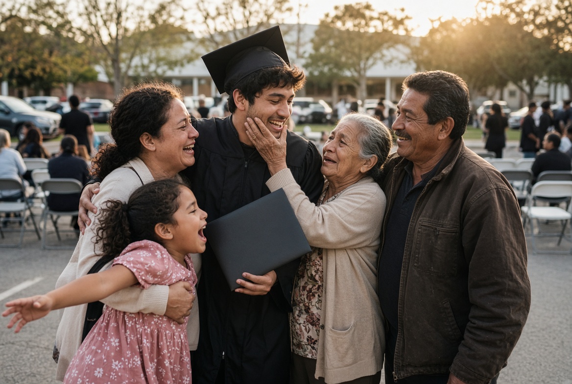 A graduate in cap and gown standing with family at dusk