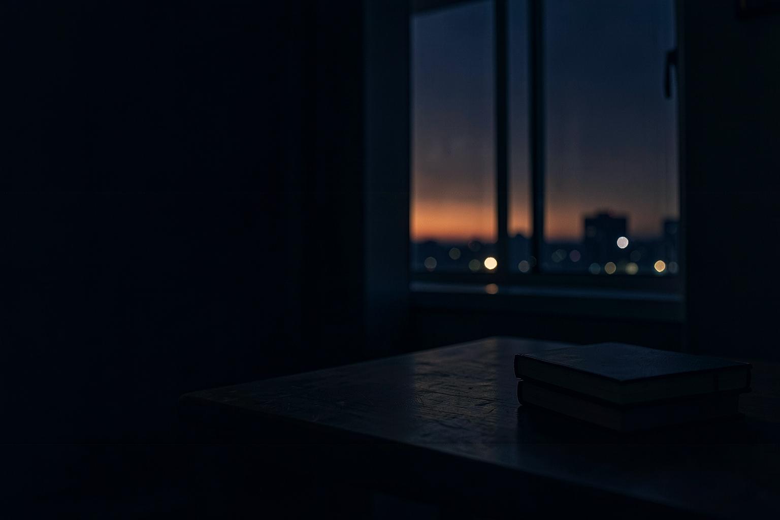 A quiet stack of books on a table beside a dark window before dawn